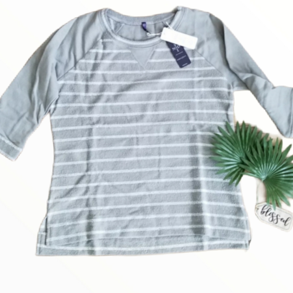 NYDJ GRAY FRENCH TERRY STRIPED SWEATSHIRT